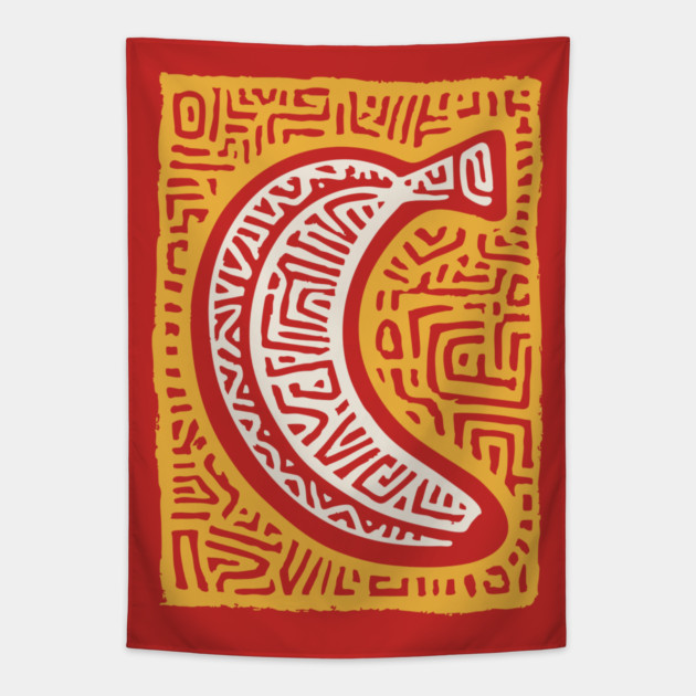 Pop Art Banana | Tribal Pattern Fruit Linocut Tapestry by TuncGK