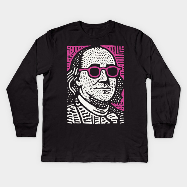Pop Art Ben Franklin | Pink Founding Father Graphic Kids Long Sleeve T-Shirt by TuncGK