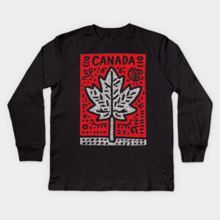 Tribal Canada Maple Leaf | Linocut Graphic Art Kids Long Sleeve T-Shirt