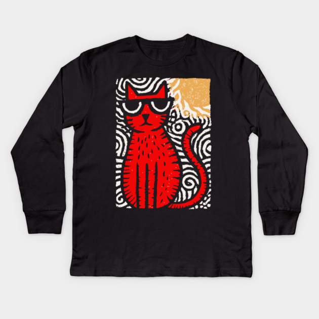 Cat in Heat | Minimalist Retro Graphic Kids Long Sleeve T-Shirt by TuncGK