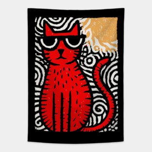 Cat in Heat | Minimalist Retro Graphic Tapestry