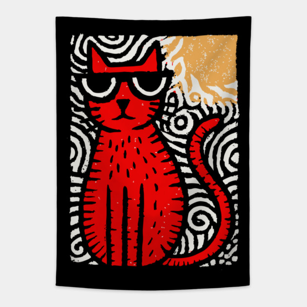 Cat in Heat | Minimalist Retro Graphic Tapestry by TuncGK