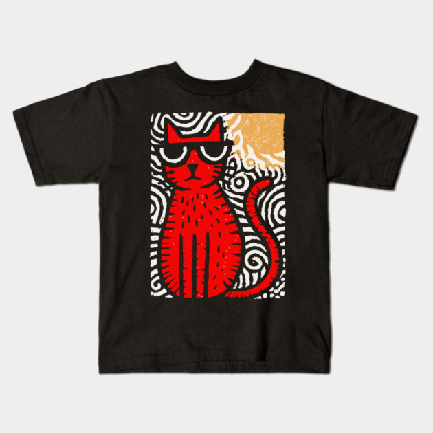 Cat in Heat | Minimalist Retro Graphic Kids T-Shirt by TuncGK