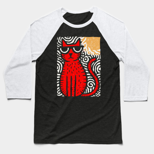 Cat in Heat | Minimalist Retro Graphic Baseball T-Shirt by TuncGK