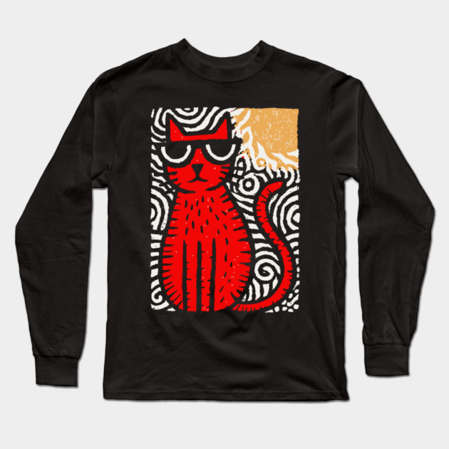 Cat in Heat | Minimalist Retro Graphic Long Sleeve T-Shirt by TuncGK