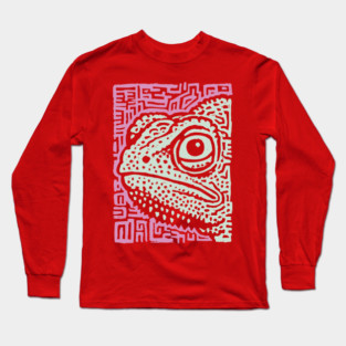 Chameleon Linocut | Tribal Reptile Pattern Long Sleeve T-Shirt