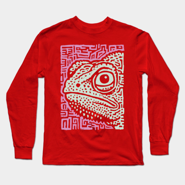 Chameleon Linocut | Tribal Reptile Pattern Long Sleeve T-Shirt by TuncGK