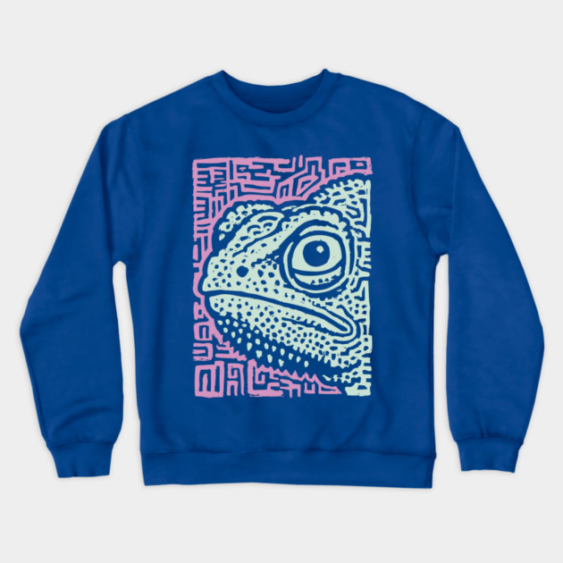 Chameleon Linocut | Tribal Reptile Pattern Crewneck Sweatshirt by TuncGK