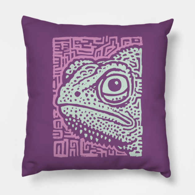 Chameleon Linocut | Tribal Reptile Pattern Pillow by TuncGK