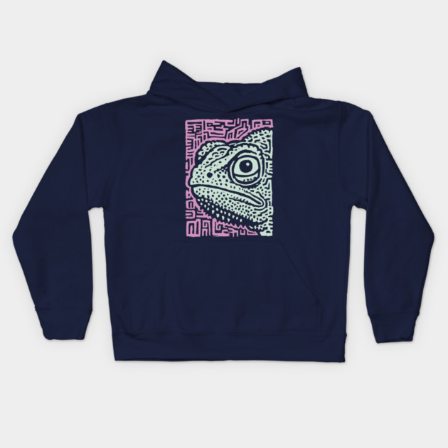 Chameleon Linocut | Tribal Reptile Pattern Kids Hoodie by TuncGK