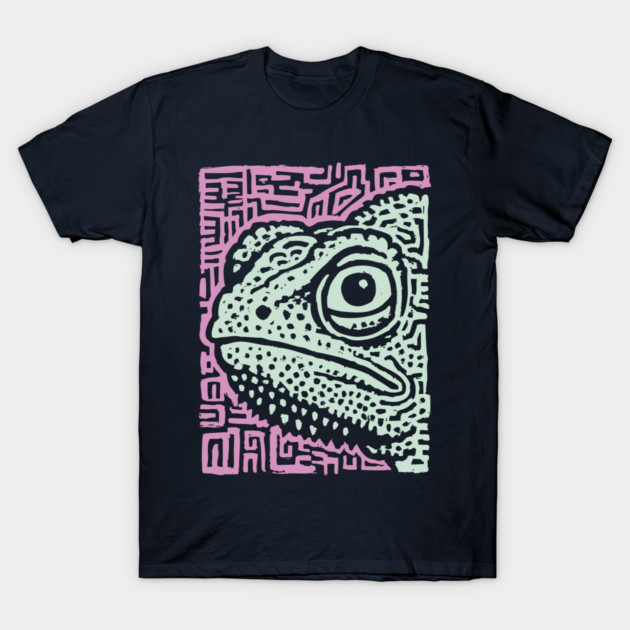Chameleon Linocut | Tribal Reptile Pattern T-Shirt by TuncGK