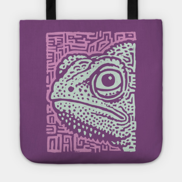 Chameleon Linocut | Tribal Reptile Pattern Tote by TuncGK