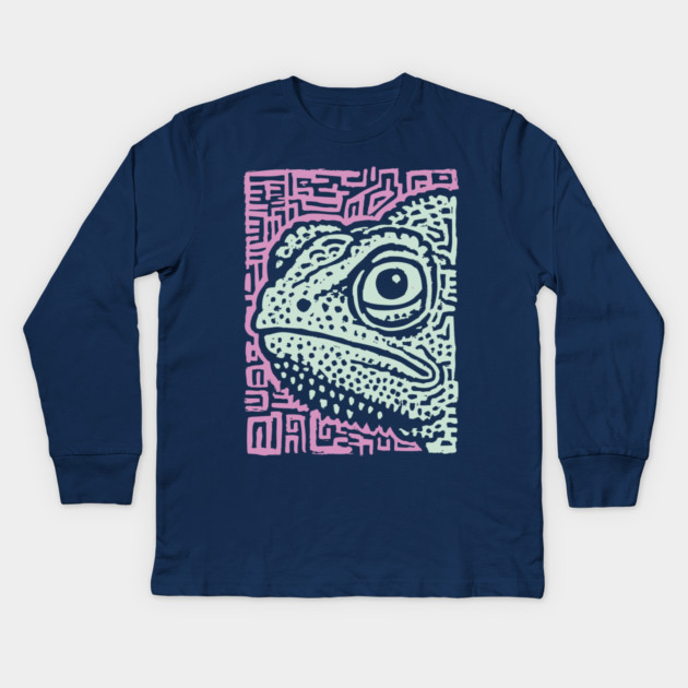 Chameleon Linocut | Tribal Reptile Pattern Kids Long Sleeve T-Shirt by TuncGK