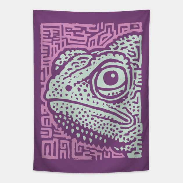 Chameleon Linocut | Tribal Reptile Pattern Tapestry by TuncGK