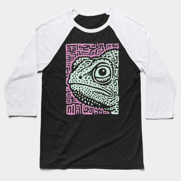 Chameleon Linocut | Tribal Reptile Pattern Baseball T-Shirt by TuncGK