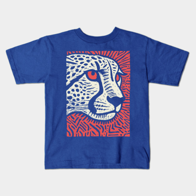 Cheetah Portrait | Graphic Linocut Big Cat Kids T-Shirt by TuncGK