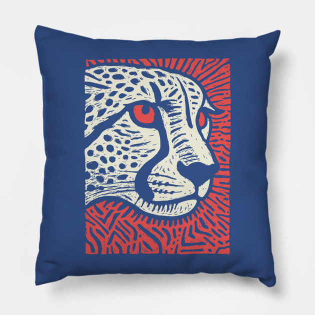 Cheetah Portrait | Graphic Linocut Big Cat Pillow by TuncGK