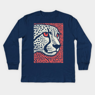 Cheetah Portrait | Graphic Linocut Big Cat Kids Long Sleeve T-Shirt