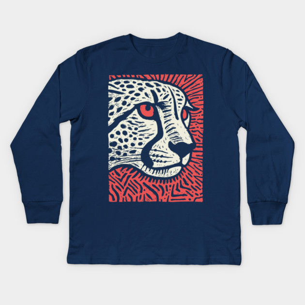 Cheetah Portrait | Graphic Linocut Big Cat Kids Long Sleeve T-Shirt by TuncGK