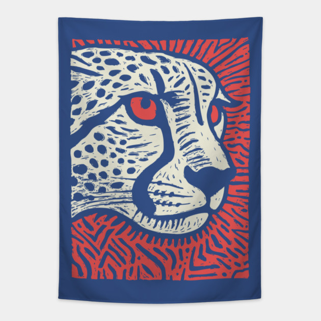 Cheetah Portrait | Graphic Linocut Big Cat Tapestry by TuncGK