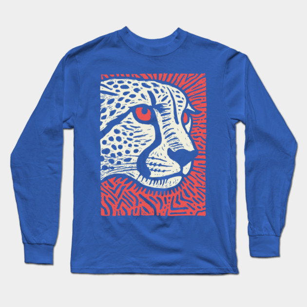 Cheetah Portrait | Graphic Linocut Big Cat Long Sleeve T-Shirt by TuncGK