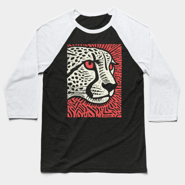 Cheetah Portrait | Graphic Linocut Big Cat Baseball T-Shirt by TuncGK
