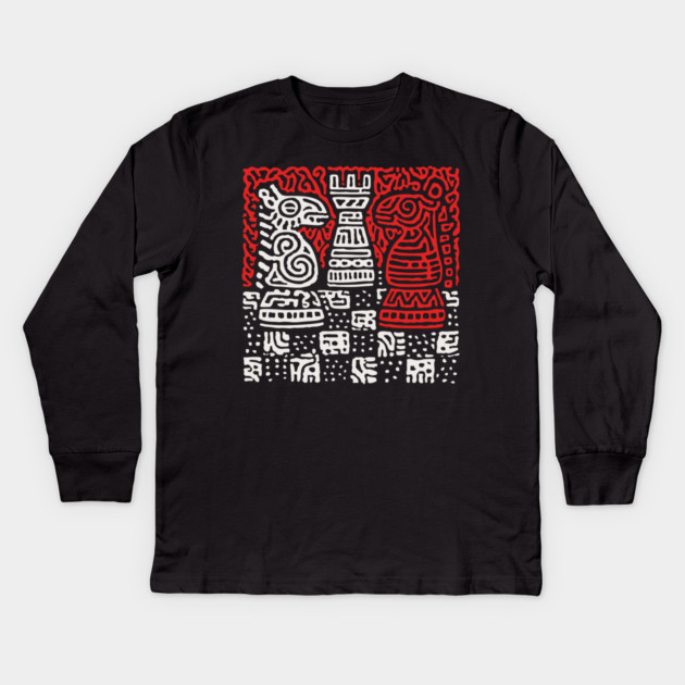 Abstract Chess Board | Linocut Game Art Kids Long Sleeve T-Shirt by TuncGK