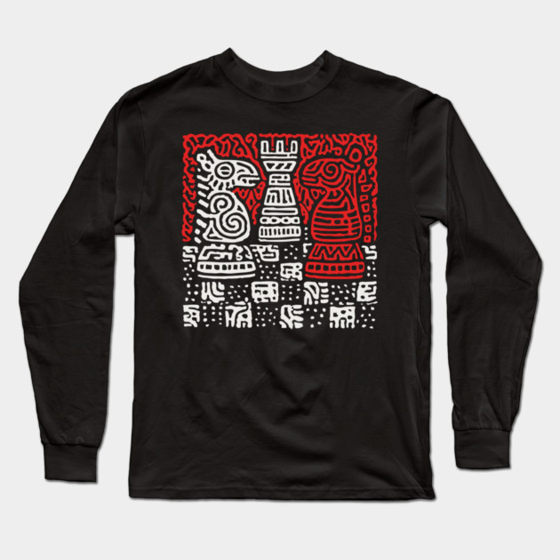 Abstract Chess Board | Linocut Game Art Long Sleeve T-Shirt by TuncGK
