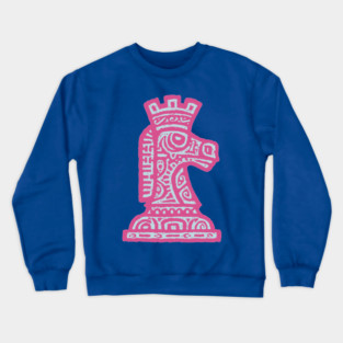 Tribal Chess Knight | Pink Linocut Graphic Crewneck Sweatshirt