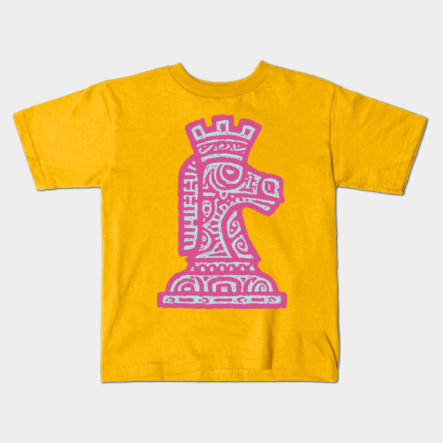 Tribal Chess Knight | Pink Linocut Graphic Kids T-Shirt by TuncGK