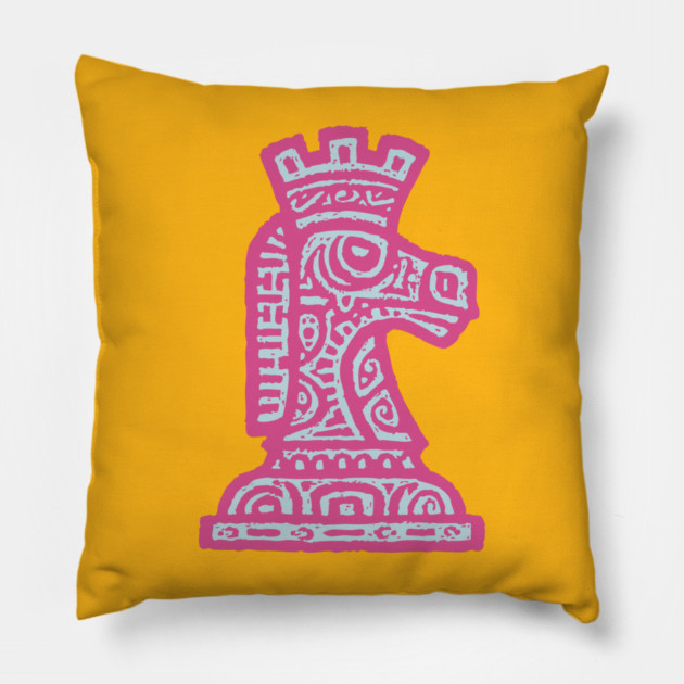 Tribal Chess Knight | Pink Linocut Graphic Pillow by TuncGK