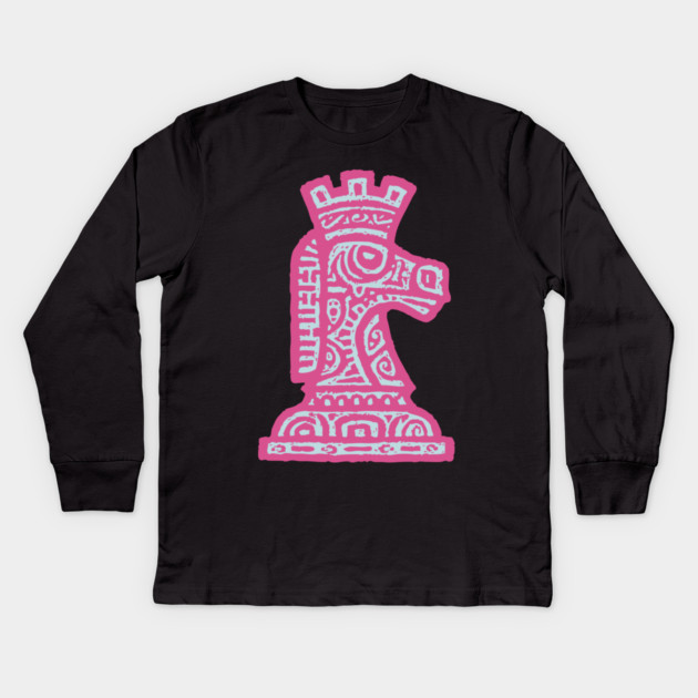 Tribal Chess Knight | Pink Linocut Graphic Kids Long Sleeve T-Shirt by TuncGK