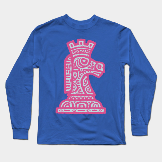 Tribal Chess Knight | Pink Linocut Graphic Long Sleeve T-Shirt by TuncGK