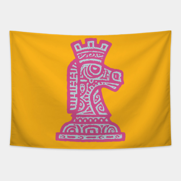 Tribal Chess Knight | Pink Linocut Graphic Tapestry by TuncGK