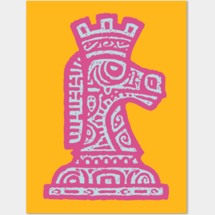 Tribal Chess Knight | Pink Linocut Graphic Posters and Art