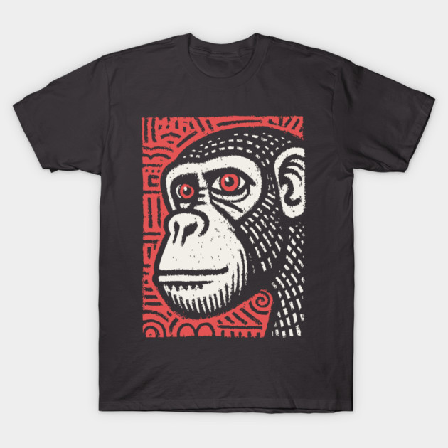 Chimpanzee Portrait | Primal Linocut Graphic T-Shirt by TuncGK