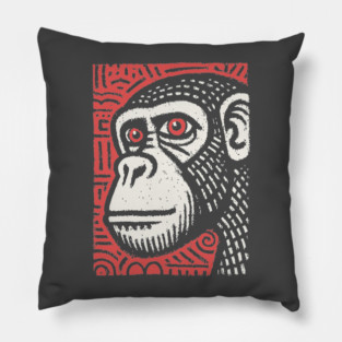 Chimpanzee Portrait | Primal Linocut Graphic Pillow