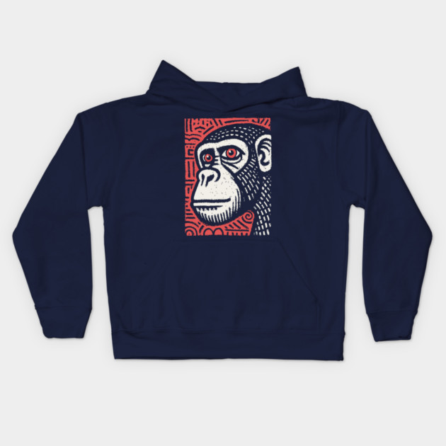 Chimpanzee Portrait | Primal Linocut Graphic Kids Hoodie by TuncGK