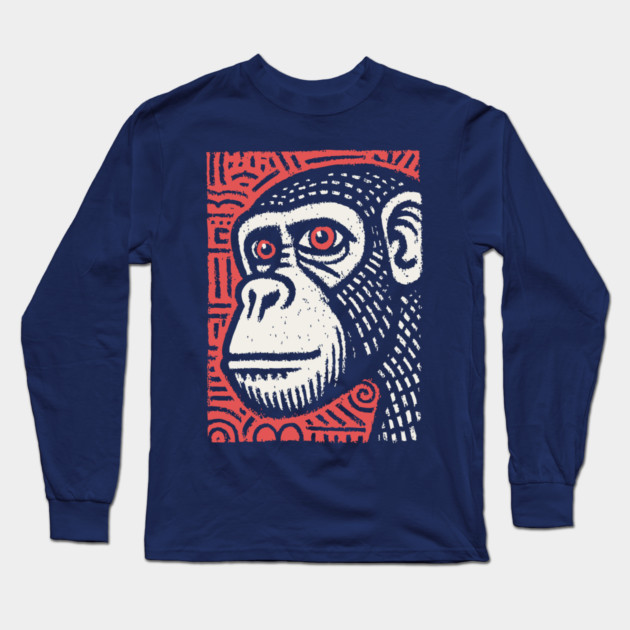 Chimpanzee Portrait | Primal Linocut Graphic Long Sleeve T-Shirt by TuncGK