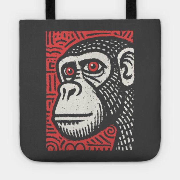 Chimpanzee Portrait | Primal Linocut Graphic Tote by TuncGK