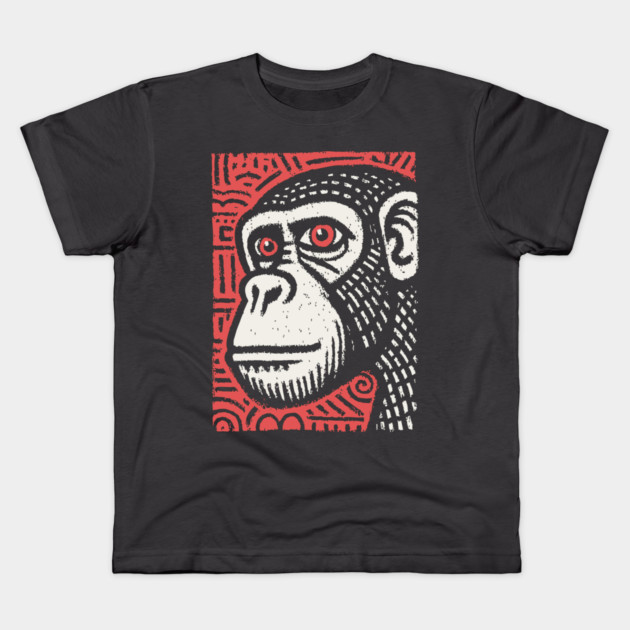 Chimpanzee Portrait | Primal Linocut Graphic Kids T-Shirt by TuncGK