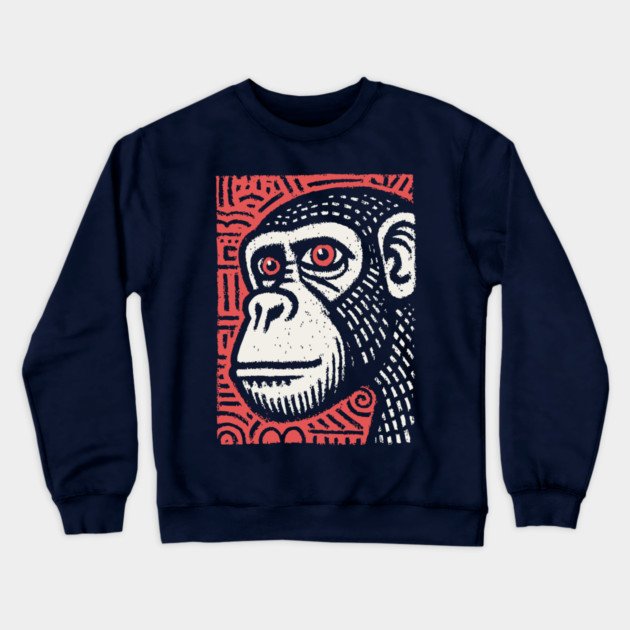 Chimpanzee Portrait | Primal Linocut Graphic Crewneck Sweatshirt by TuncGK