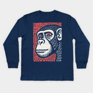 Chimpanzee Portrait | Primal Linocut Graphic Kids Long Sleeve T-Shirt