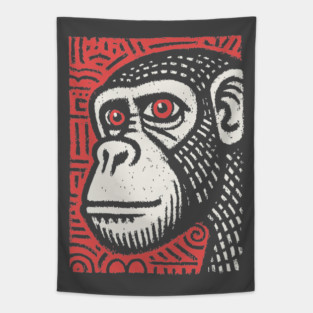 Chimpanzee Portrait | Primal Linocut Graphic Tapestry