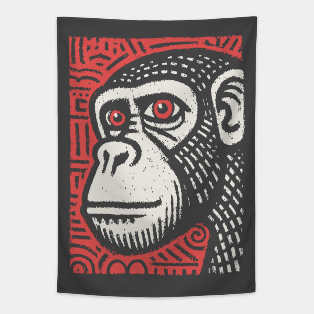 Chimpanzee Portrait | Primal Linocut Graphic Tapestry by TuncGK