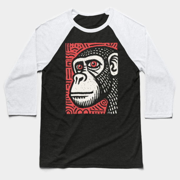 Chimpanzee Portrait | Primal Linocut Graphic Baseball T-Shirt by TuncGK
