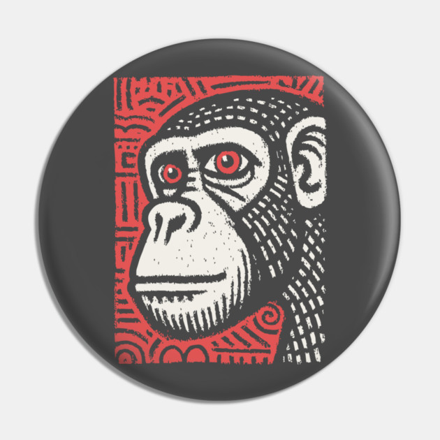 Chimpanzee Portrait | Primal Linocut Graphic Pin by TuncGK