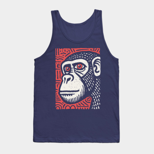 Chimpanzee Portrait | Primal Linocut Graphic Tank Top by TuncGK