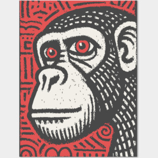 Chimpanzee Portrait | Primal Linocut Graphic Posters and Art