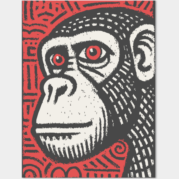 Chimpanzee Portrait | Primal Linocut Graphic Wall Art by TuncGK
